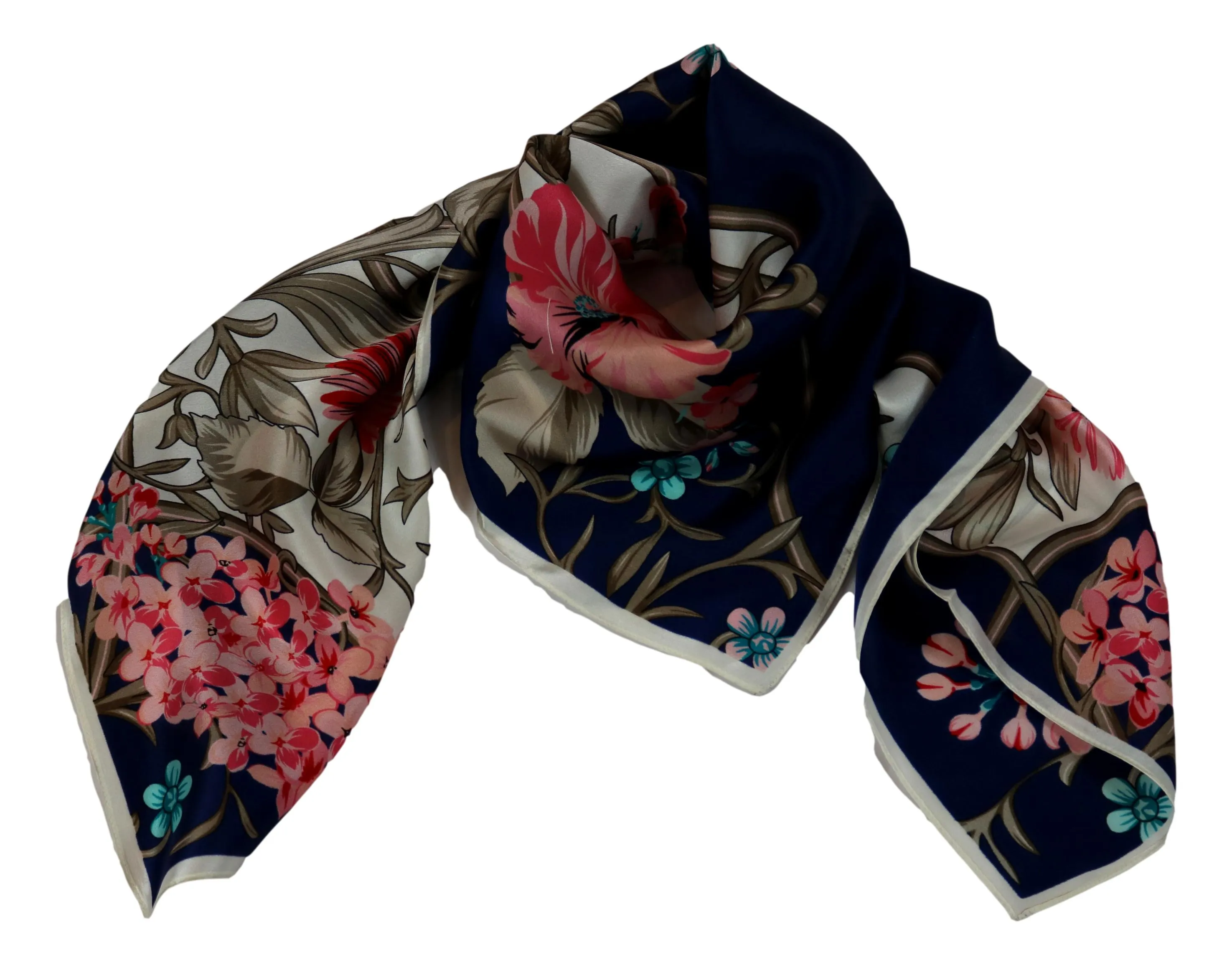 Large Square Silk Scarf Navy Theme Floral Print SZD301