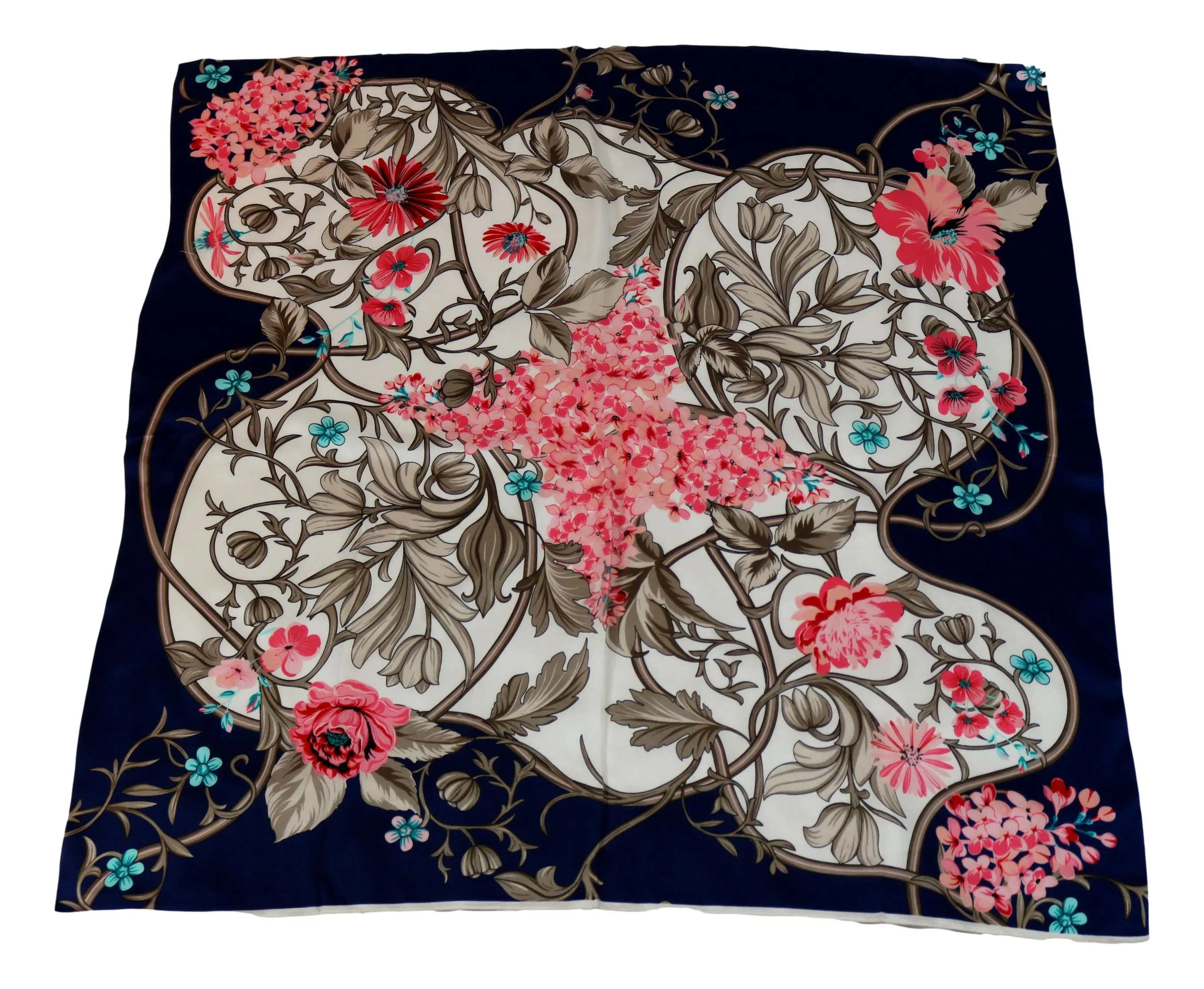 Large Square Silk Scarf Navy Theme Floral Print SZD301