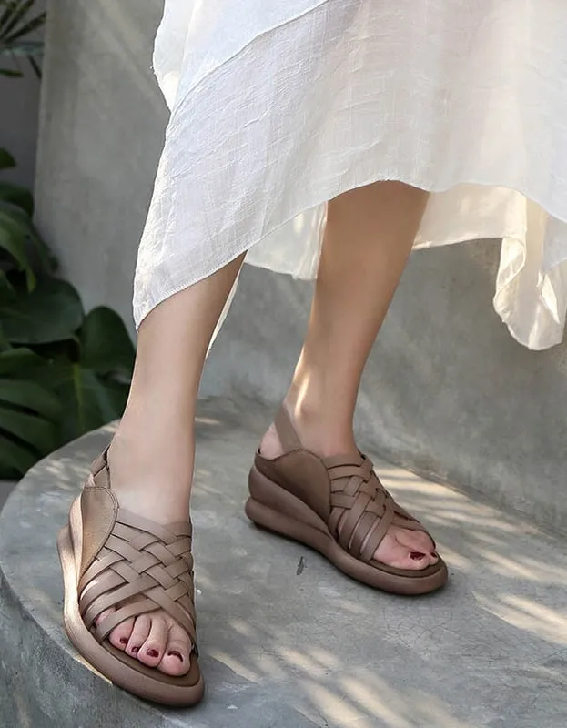 Leather Woven Wedge Slingback Sandals