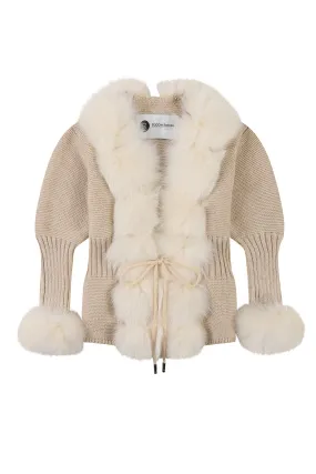 'Lili' Rib knit cardigan with fur trim - Beige