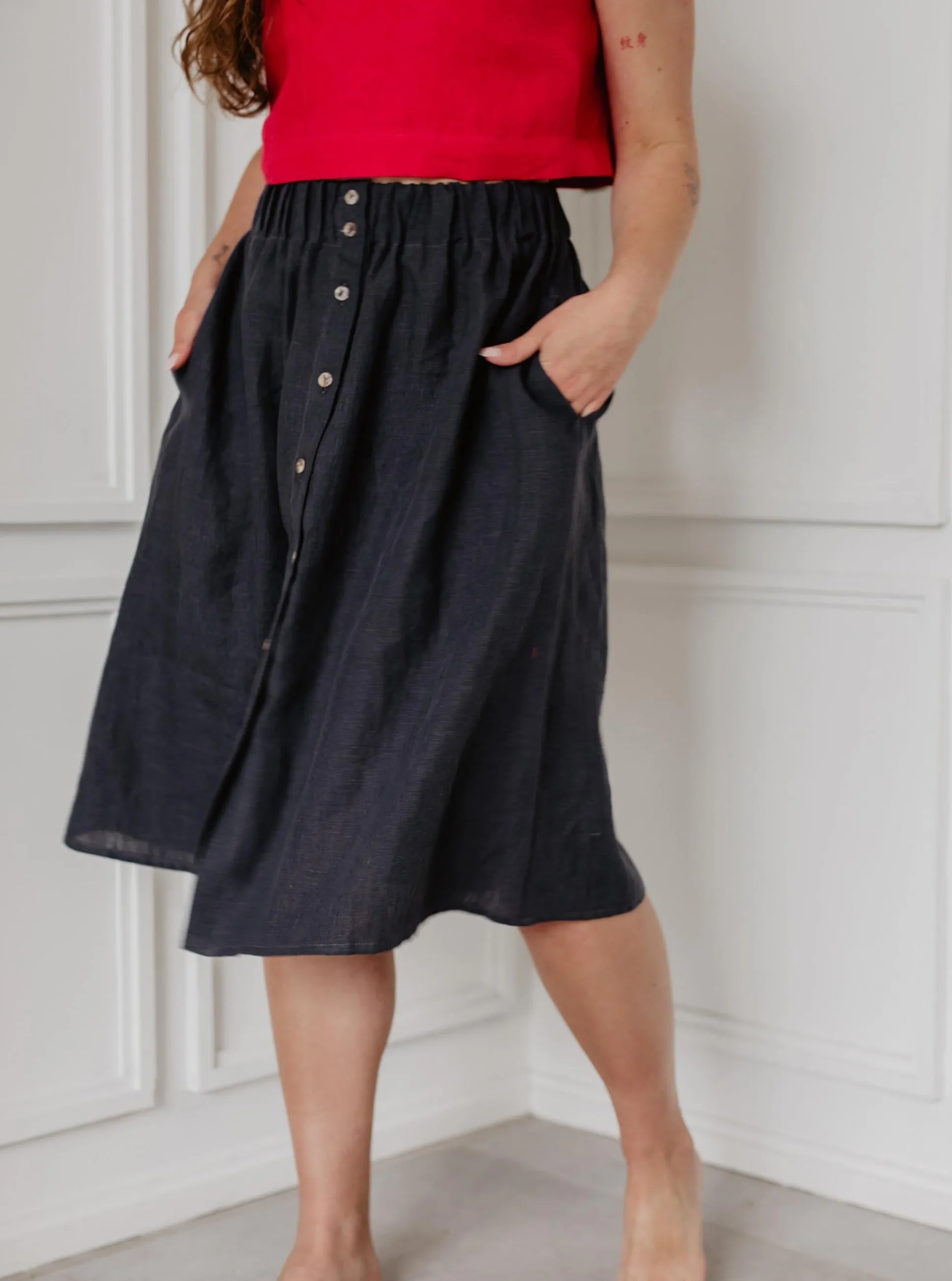 Linen skirt with buttons DAISY - Charcoal