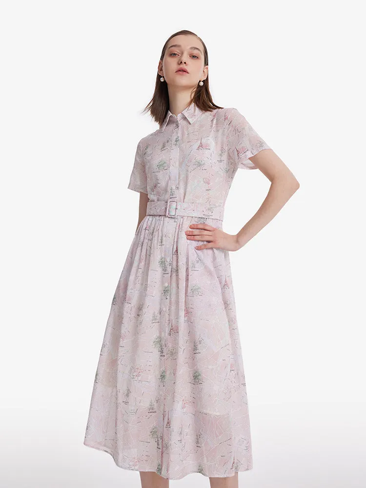 Map Printed Women Midi Dress With Bottomed Dress And Belt