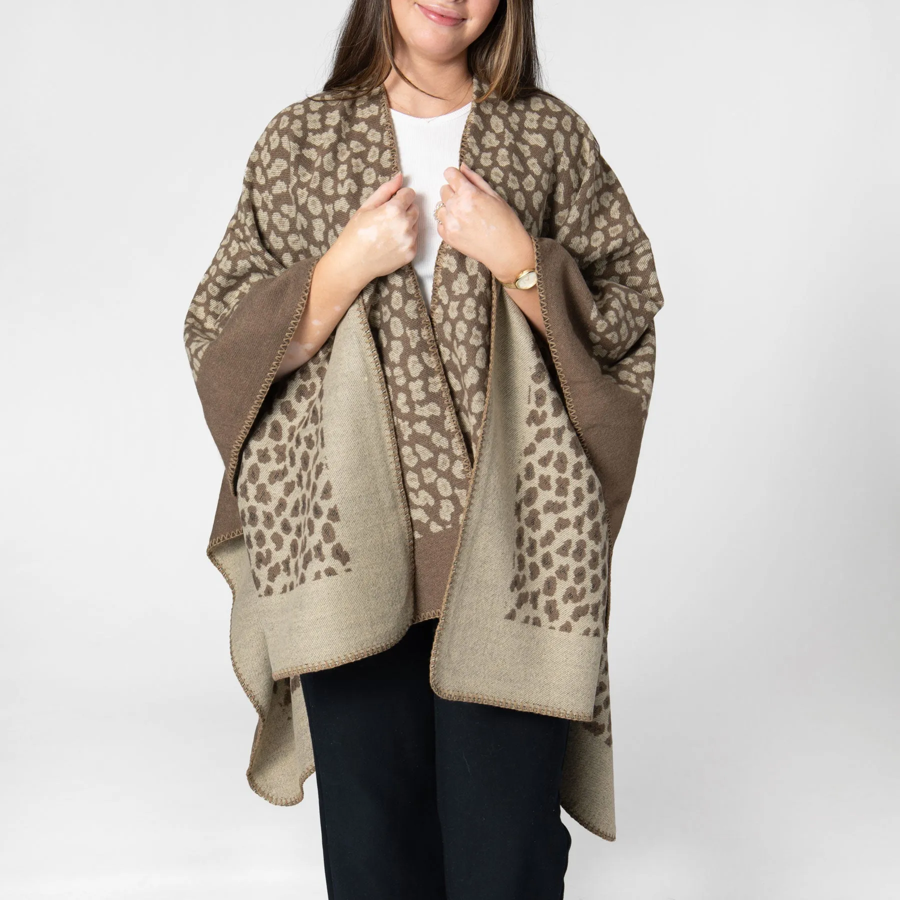 Marybeth - Womens Jacquard Leopard Open Front Poncho