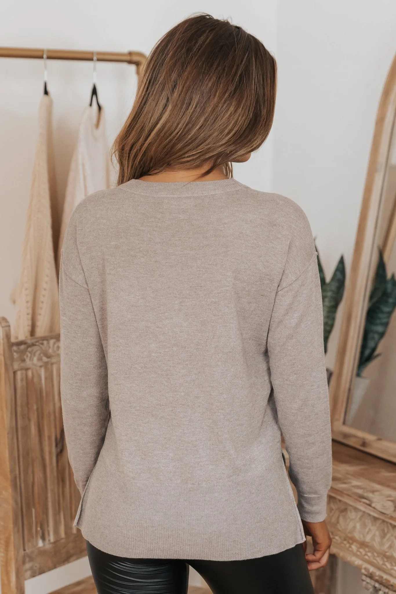 Mocha Crew Neck Ribbed Sweater