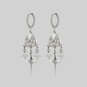 MONA. Ornate Shield & Tiny Star Drop Earrings - Silver