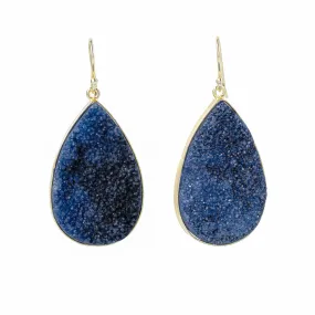 Navy Iolite Druzy Pear Dangle Earrings Gold Plated