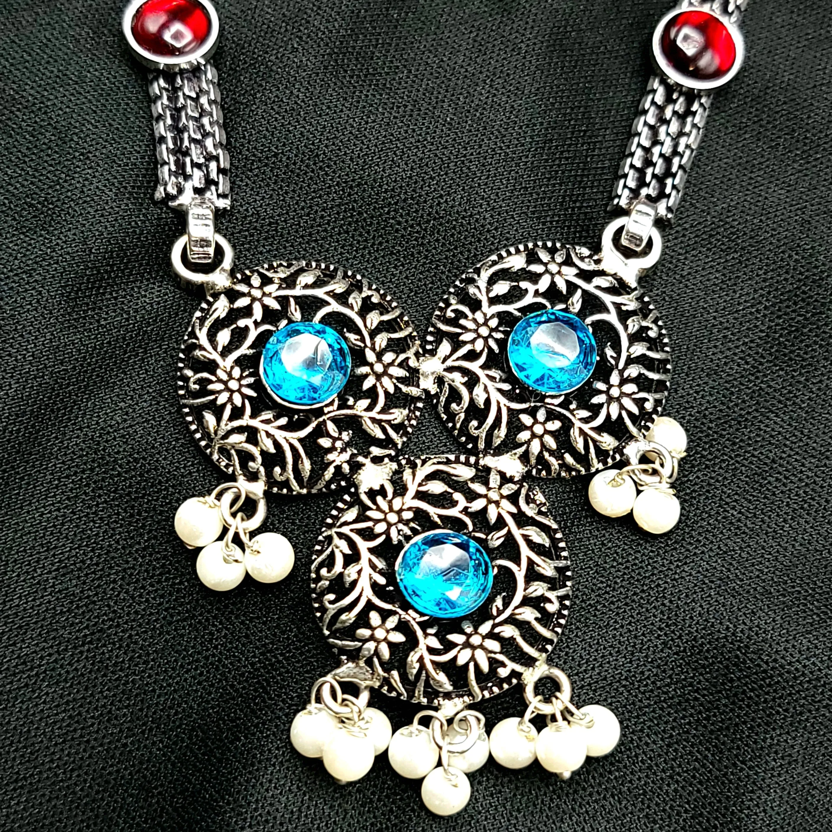 Oxidized Silver Light Blue and Kemp Red stone set