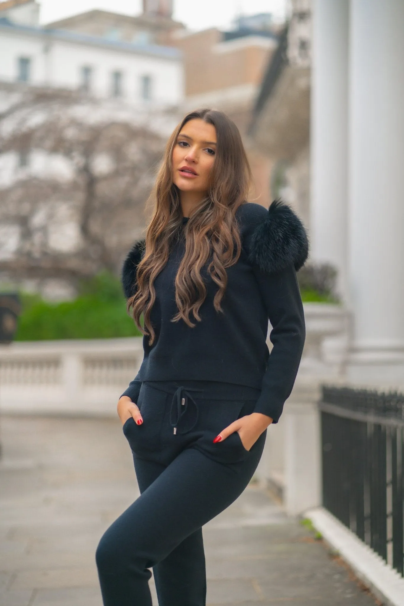 Premium Black Faux Fur Hooded Tracksuit