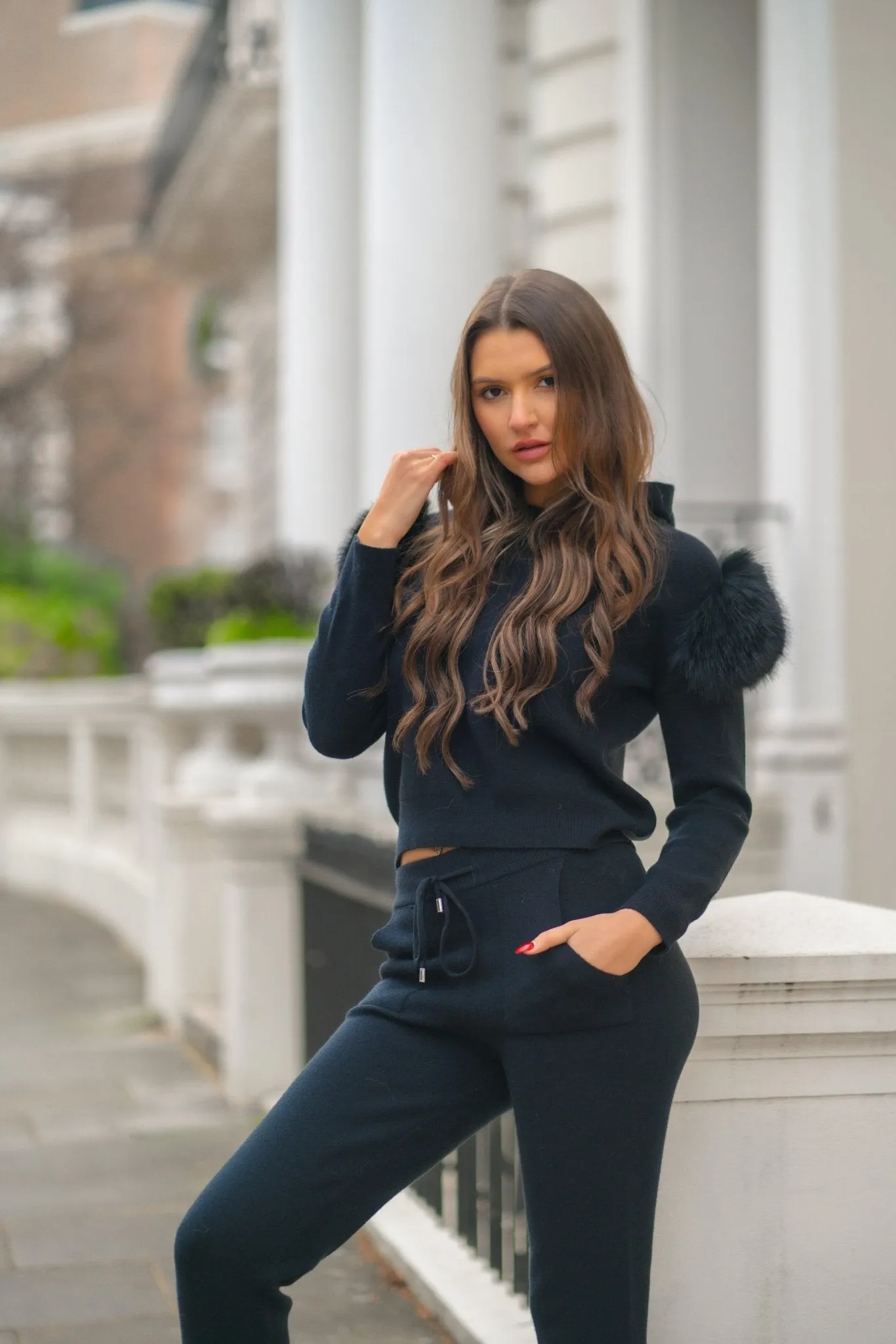 Premium Black Faux Fur Hooded Tracksuit