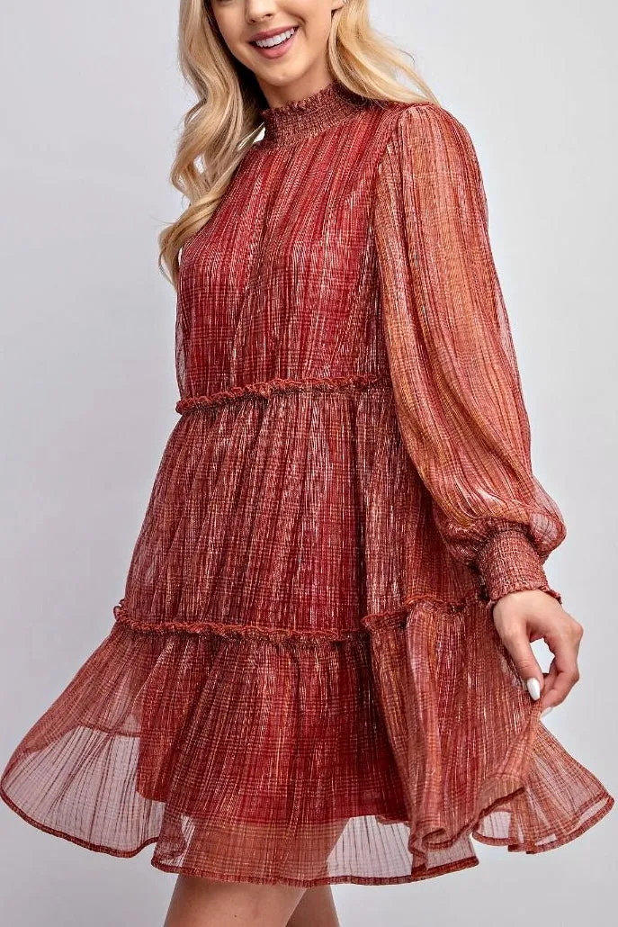 Shimmery Lurex Chiffon Pleated Dress- Ruby