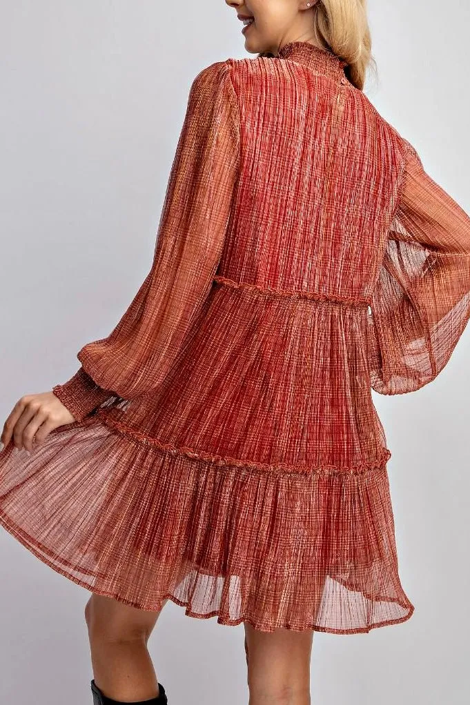 Shimmery Lurex Chiffon Pleated Dress- Ruby