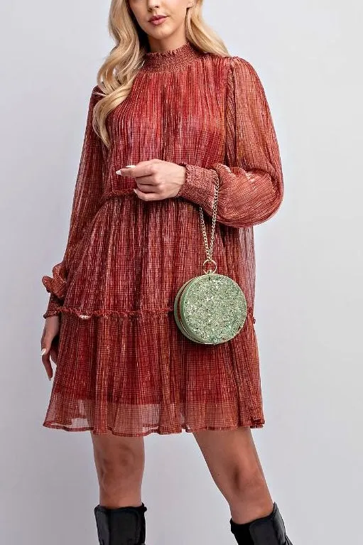 Shimmery Lurex Chiffon Pleated Dress- Ruby