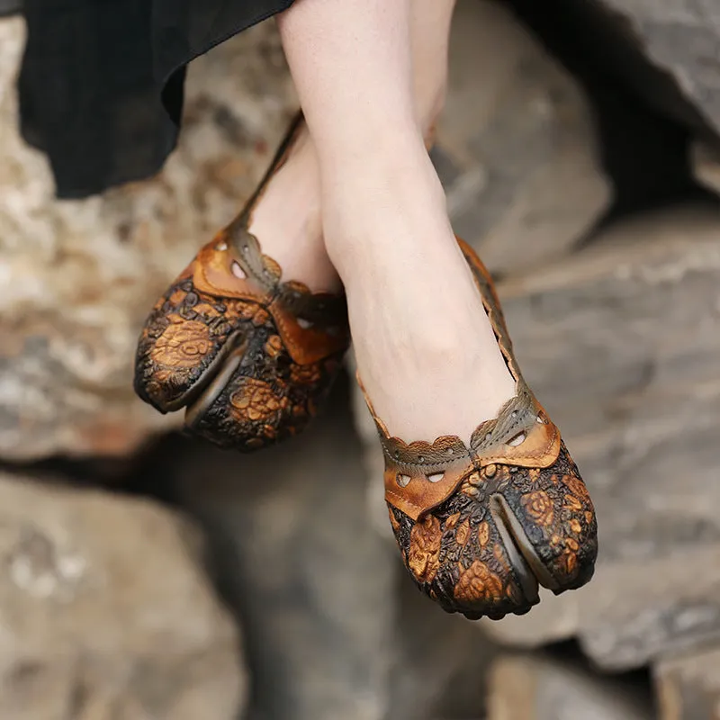 Split Toe Flower Leather Retro Women's Flats