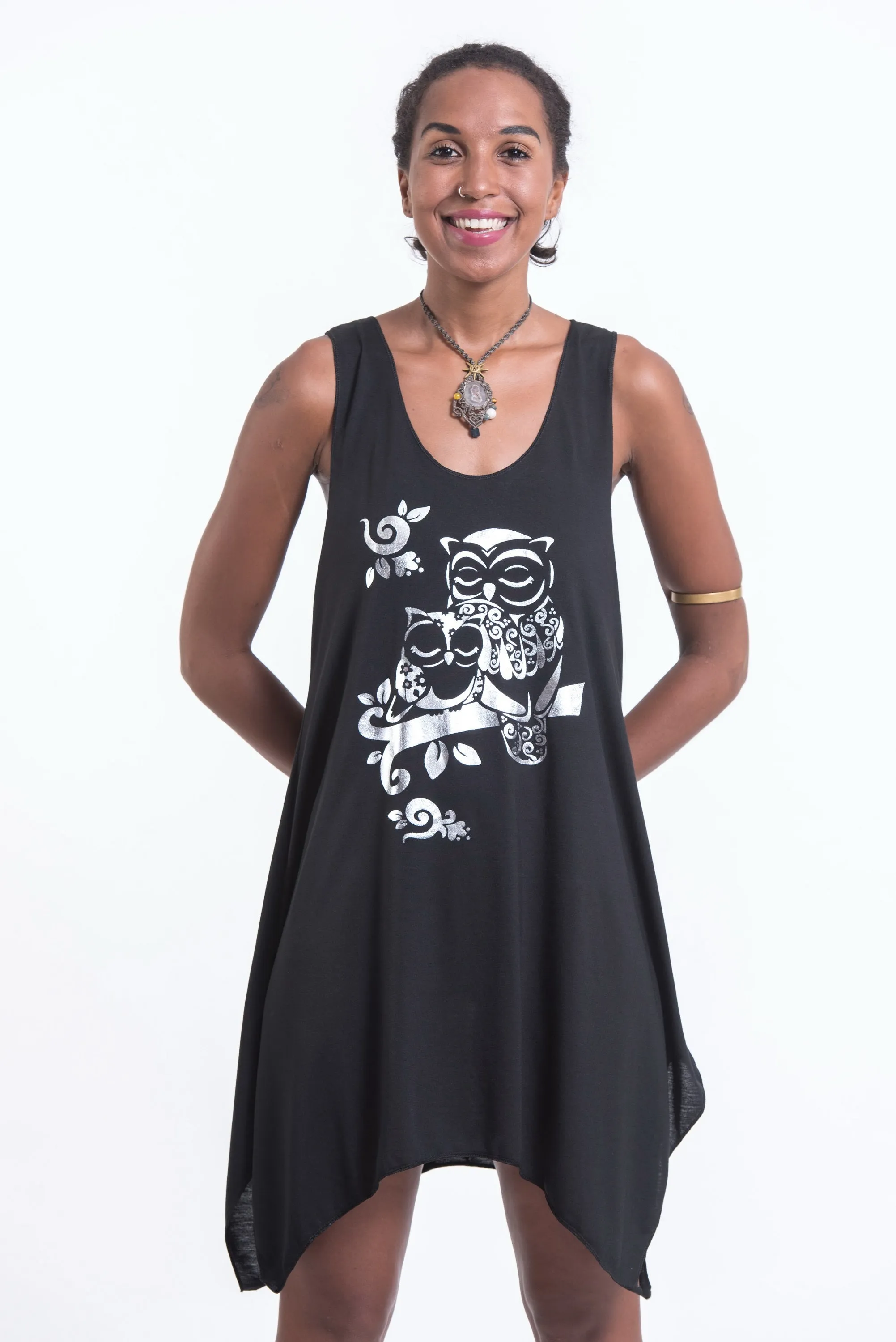 Super Soft Cotton Owls Tank Dress Silver on Black