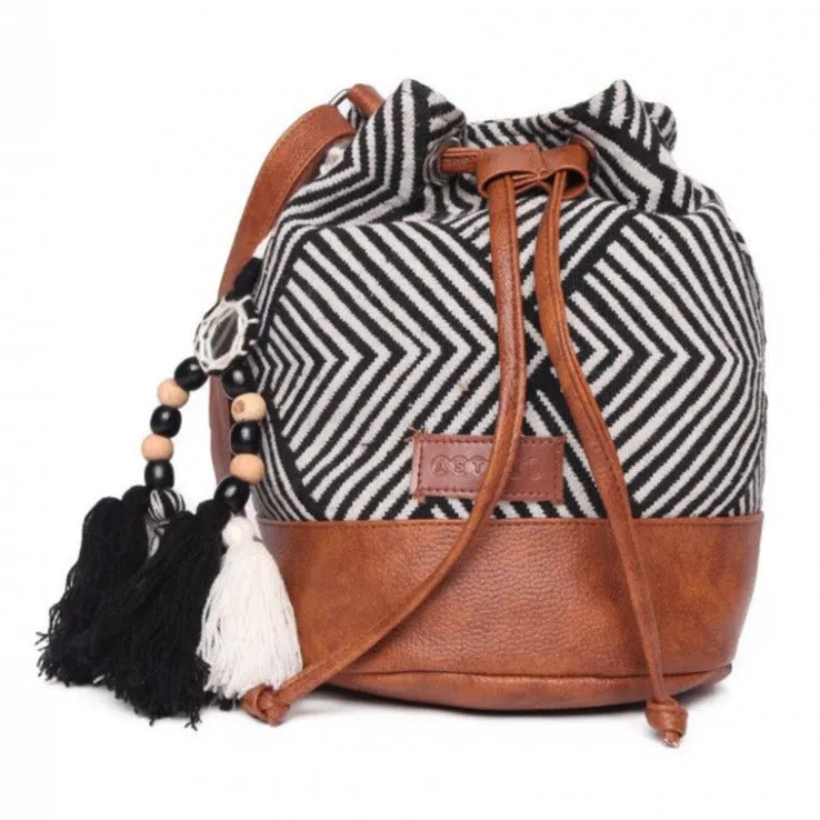 Women Multi Aztec Jacquard Sling Bag With Drawstring Closure