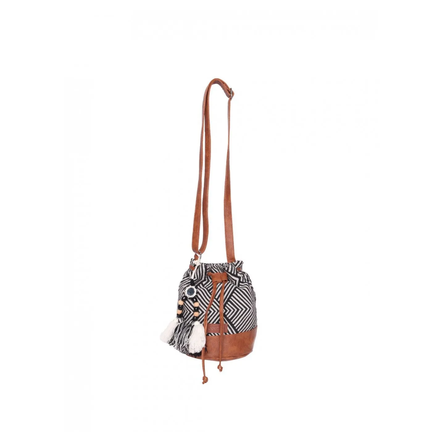 Women Multi Aztec Jacquard Sling Bag With Drawstring Closure