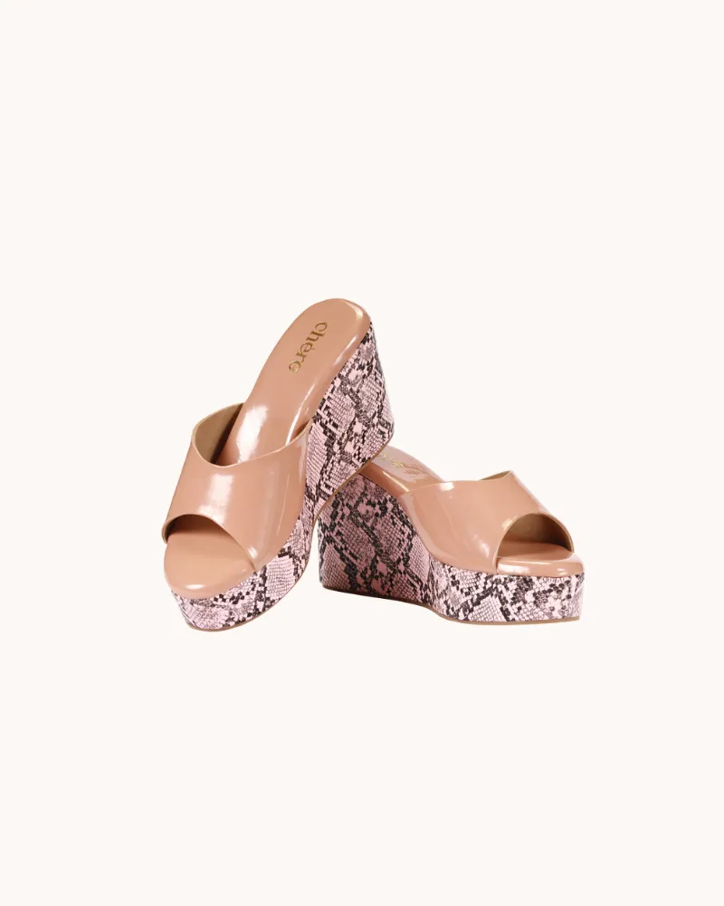 Women's Elegant Peach Snake print Peep Toe Wedges